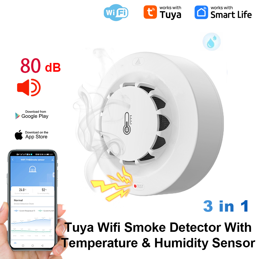 Home Security Wireless - Tuya WiFi 温度と湿度センサー 煙探知機 保護アラーム 煙ハウスコンビネーション