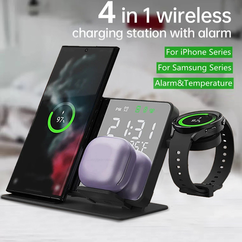 Home Security Wireless - ワイヤレス充電器付き目覚まし時計スタンド、iPhone 16 15 14 13、iWatch 8、Samsung