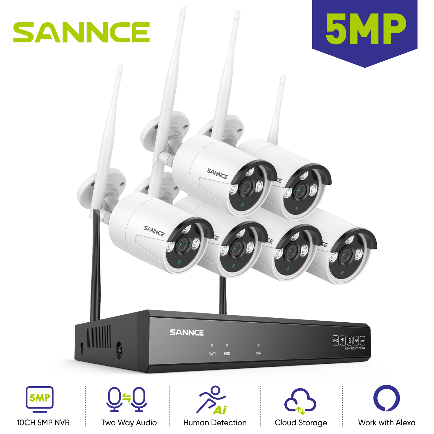 Home Security Monitor - Sannce-屋外監視カメラ,ワイヤレスオーディオおよびビデオ監視キット,5 p, wifi, 10ウェイnvr, 6個