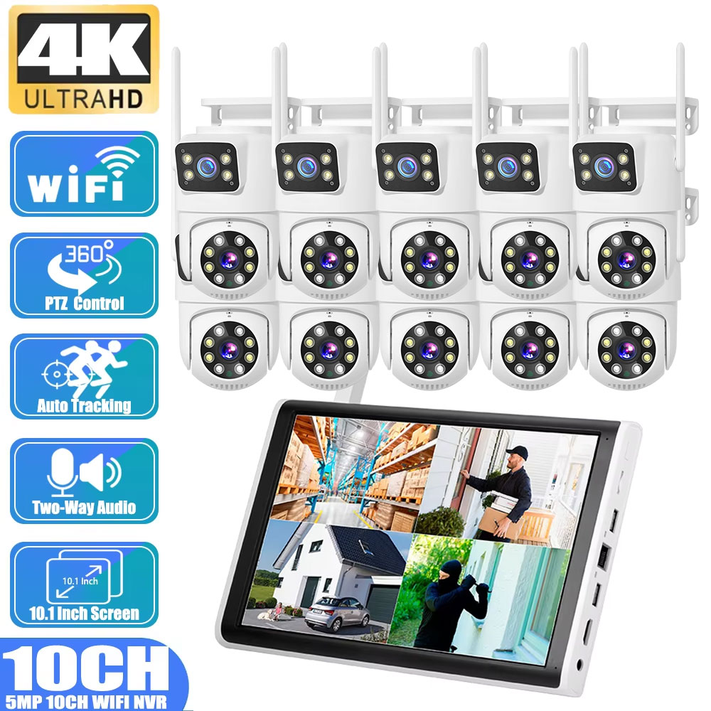 Home Security Nvr - 8MP 4Kデュアルレンズ人間検知PTZカメラ 10CH 5MP 10.1インチLCDスクリーンモニター Wifi